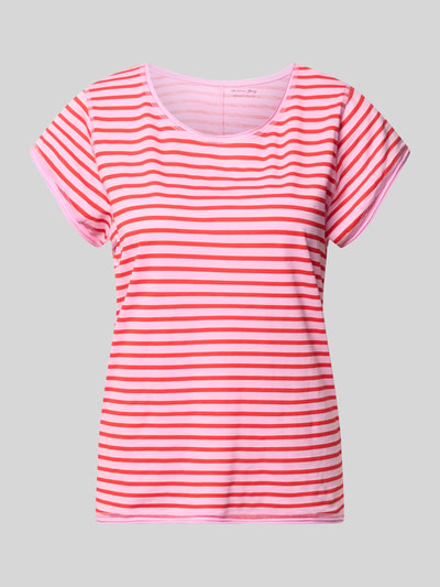 Produktfoto, T-Shirt mit Streifenmuster und Rundhalsausschnitt von Christian Berg Woman aus reiner Bio-Baumwolle in Regular Fit, rosa-rote Streifen.