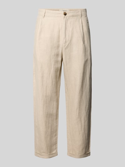 Produktfoto, Relaxed Fit Stoffhose aus Leinen-Baumwoll-Mix Modell 'RON' von SELECTED HOMME in Melange-Optik, Twill, beige, Bundfalte, Cropped-Länge