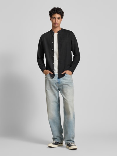 Only & Sons Slim fit linnen overhemd met opstaande kraag, model 'CAIDEN' Zwart - 1