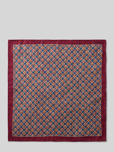 Produktfoto, Einstecktuch aus reiner Seide von Verugia w kwadratowym kształcie, bordowy, niebieskie i żółte geometryczne wzory, 30x30 cm.