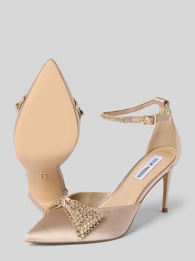 Produktfoto, Pumps mit Strasssteinbesatz Modell 'Last Dance' von Steve Madden, beżowe, szpiczasty nosek, cienki pasek, ozdobna kokarda, cienki obcas 9 cm, gładka podeszwa, elegancka tekstura