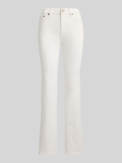 Produktfoto, weiße Straight Fit Jeans aus Baumwoll-Mix von Lauren Ralph Lauren im 5-Pocket-Design mit Label Patch und High Waist, unifarbene Denim-Optik.