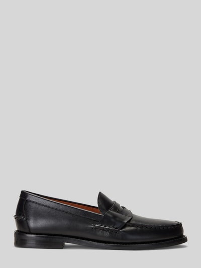 Produktfoto, Loafer aus echtem Leder von Polo Ralph Lauren, zwart, afgeronde neus, blokhak, gestructureerde zool, glad leer, unicolor.
