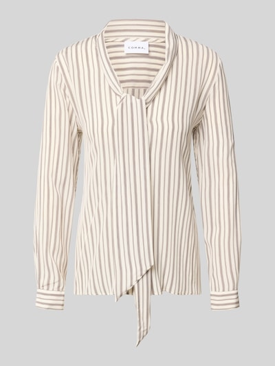 Produktfoto, Slim Fit Schluppenbluse aus Viskose von Comma mit cremefarbenen und braunen Streifen, Sportmanschetten, Teilungsnaht, Rückenlänge bei Größe 36: 64 cm, Ärmellänge 63 cm