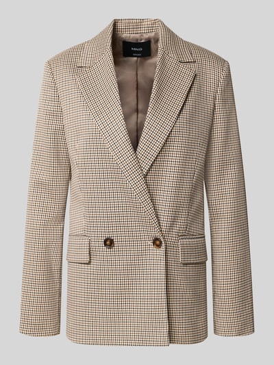 Produktfoto, Straight Fit Blazer mit Viskose-Anteil Modell 'Charlott' von MANGO im beigebraunen Karomuster, doppelte Knopfleiste, glatte Textur