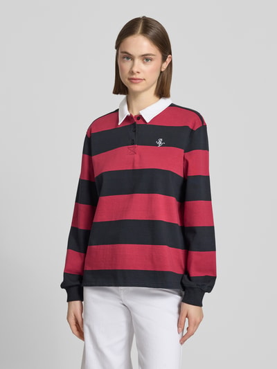 REVIEW Polo-Langarmshirt mit Streifen und kontrastiger Knopfleiste Dunkelblau 4