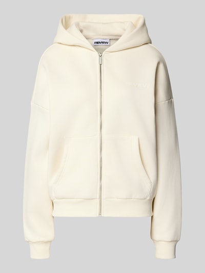 Produktfoto, Relaxed Fit Sweatjacke mit geteilter Kängurutasche von Review in Creme, Baumwoll-Mix, Kapuze, elastische Abschlüsse, glatte Struktur
