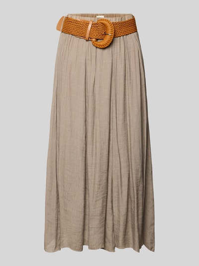 Produktfoto, Midirock aus Viskose-Mix mit Gürtel von Apricot in Beige, A-Linie, strukturierte Oberfläche, elastischer Bund, Gesamtlänge 84 cm
