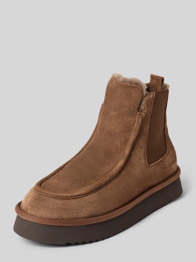 Produktfoto, Stiefelette mit elastischen Einsätzen Modell 'CPH267' von Copenhagen, brauner Leder-Textil-Mix, abgerundete Spitze, Warmfutter, hoher Schaft, strukturierte Sohle, 4 cm Absatz, 12 cm Schafthöhe, 9 cm Schaftweite, Seitenansicht