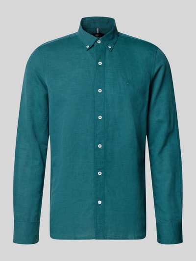 Produktfoto, Regular Fit Freizeithemd aus Leinen-Baumwoll-Mix von Lerros in Türkis mit Button-Down-Kragen und Knopfleiste, glatte Textur, Rückenlänge bei Größe M: 75 cm, Schulterbreite: 43 cm, Ärmellänge: 69 cm.