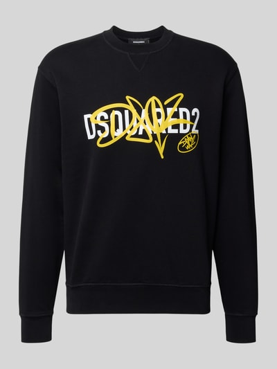 Produktfoto, Sweatshirt aus reiner Baumwolle mit überschnittenen Schultern van Dsquared2 in zwart met gele en witte print, regular fit, elastische boorden, lange mouwen, geribbelde zoom, ruglengte 67 cm, mouwlengte 69 cm