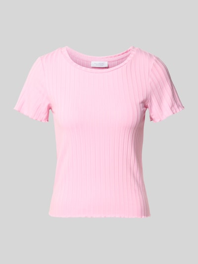 Produktfoto, T-Shirt aus Viskose-Mix in Ripp-Optik von Rich & Royal, hellrosa, schlanker Schnitt, Rundhalsausschnitt, feine Ripp-Textur