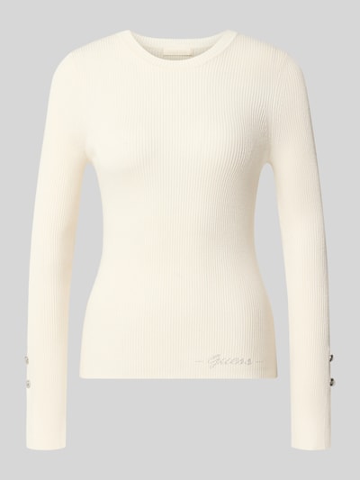Produktfoto, Slim Fit Longsleeve aus Viskose-Mix Modell 'Ellie' von GUESS für Damen in Creme mit Strasssteinbesatz und Logo-Detail