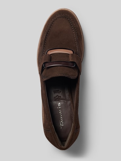 Produktfoto, Loafer aus echtem Leder von Tamaris in dunkelbraunem Velours mit dekorativer Metallschnalle, weiche strukturierte Oberfläche