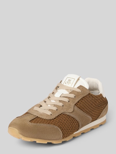 Produktfoto, Low Top Sneaker aus Leder-Mix Modell 'FABIANA 4M' von Marc O'Polo, mehrfarbige Optik, abgerundete Schuhspitze, flache Absatzform, Lochstrick-Muster, Label-Prägung, Logo-Print, Kontrast-Details, Schnürung, strukturierte Sohle, Materialverarbeitung aus Velours, Glattleder und Strick.