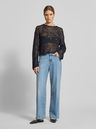 VERO MODA Sweter z dzianiny o kroju relaxed fit z cekinami model 'LEILANI FLOWERS' Czarny 1