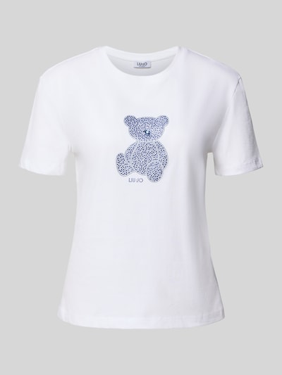 Produktfoto, Slim Fit T-Shirt mit Ziersteinbesatz von Liu Jo White in Weiß, reiner Baumwolle, Bärchen-Motiv, runder Ausschnitt, Größe S, Rückenlänge 57 cm