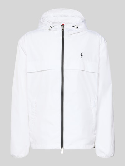 Produktfoto, Regular Fit Regenjacke mit Logo-Stitching von Polo Ralph Lauren, biała, gładka, kaptur, krój regular fit, logo na piersi, zamek dwukierunkowy, kieszenie boczne
