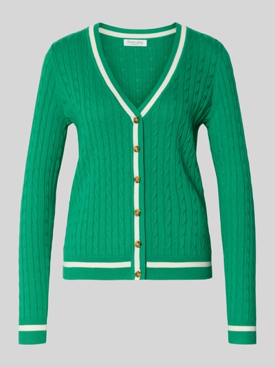 Productfoto, 'Strickjacke mit V-Ausschnitt' van Christian Berg Woman in groen katoenmix, regular fit, geribde boorden, knoopsluiting, V-hals
