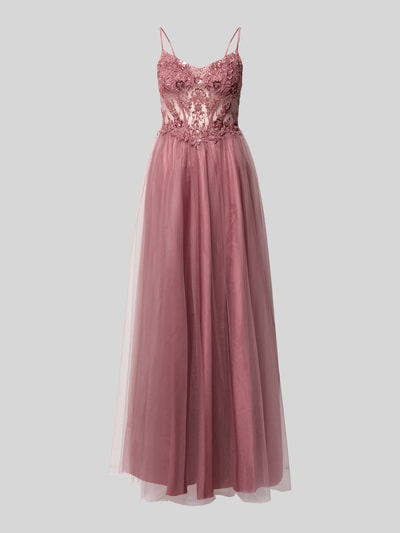Produktfoto, Maxikleid mit Stitchings und Pailetten von Laona in Altrosa, A-Linie, transparenter Tüll, feine Textur, Spaghettiträger