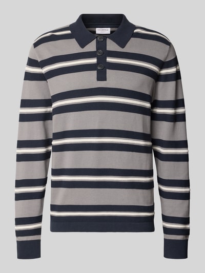 Produktfoto, Relaxed Fit Poloshirt aus reiner Baumwolle mit Streifenmuster von Lindbergh in Grau, Dunkelblau und Weiß, Langarm, strukturierte Oberfläche