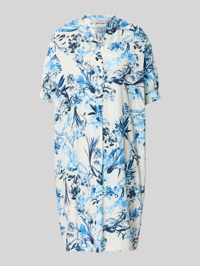 Produktfoto, Knielanges Hemdblusenkleid mit Tunika-Ausschnitt von ROBE LÉGÈRE im floralen Allover-Print in Blau und Weiß, kurzärmelig, Relaxed Fit, elastischer Baumwoll-Mix, Knopfleiste, für Damen.