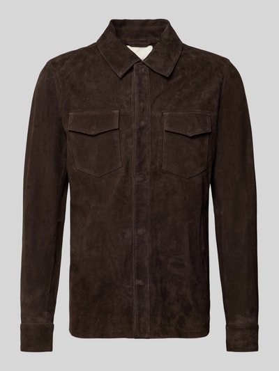 Productfoto, Regular Fit Hemdjacke aus Ziegenleder van Profuomo in donkerbruin suède, kentkraag, borstzakken, herenmode