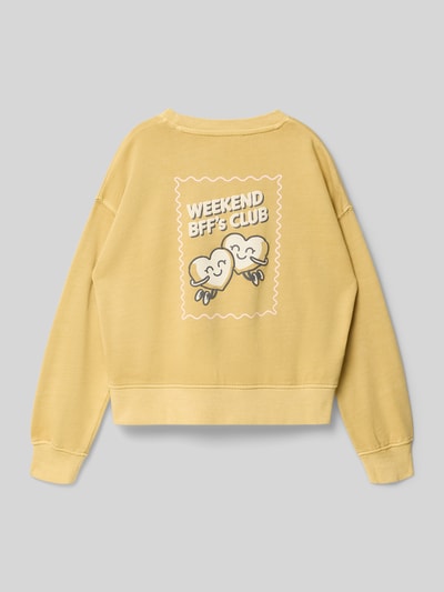 Produktfoto, gelbes Sweatshirt aus Baumwolle Modell 'WEEKEND' von Mango mit Print, locker geschnitten, elastische Abschlüsse, Rückansicht