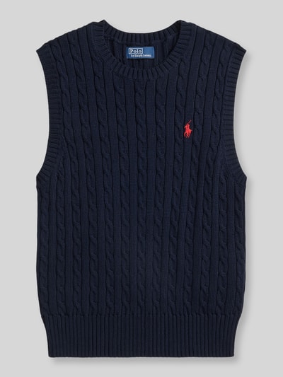 Produktfoto, Slim Fit Pullunder aus reiner Baumwolle von Polo Ralph Lauren, granatowy, gładki, krój slim fit, wzór warkoczowy, logo, dekolt okrągły, dół prążkowany, dzianina