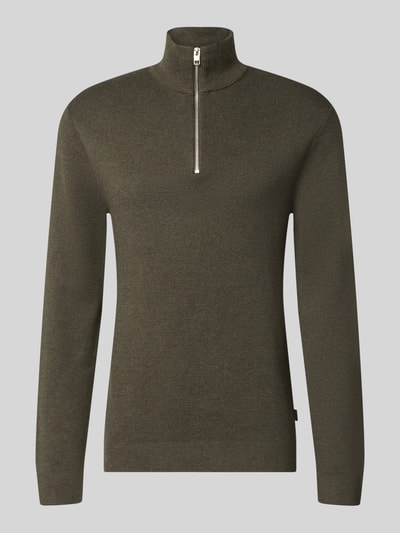 Produktfoto, Slim Fit Pullover aus reiner Baumwolle Modell 'MILANO' von JACK & JONES, olivgrün, Strick-Optik, Troyer-Kragen, Herren Pullover