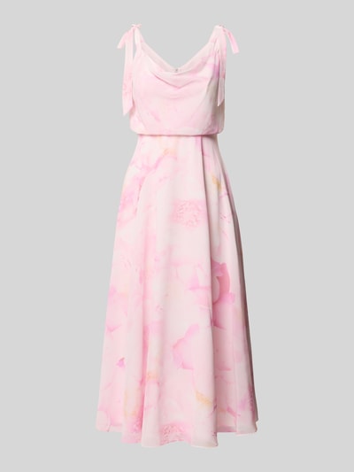 Produktfoto, Knielanges Cocktailkleid mit floralem Allover-Print von Jake*s Cocktail, zartrosa mit floralen Mustern, blickdichter Unterrock, taillierte Passform, Zierschleifen, ärmelloses Design, zarte fließende Textur