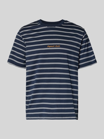 Produktfoto, T-Shirt mit Streifenmuster und Rundhalsausschnitt von Jack & Jones, navyweiß gestreift, reine Baumwolle, Regular Fit, Stitching