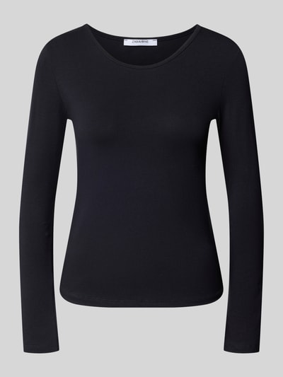 Produktfoto, Longsleeve mit Rundhalsausschnitt von ZABAIONE in Schwarz, taillierter Schnitt, glatte Oberfläche, Baumwoll-Elasthan-Mix, Rückenlänge 55 cm bei Größe S
