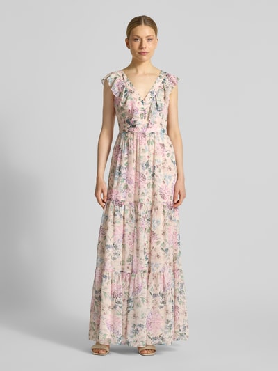 Frauenmodel trägt Abendkleid mit Volantsaum und V-Ausschnitt von Swing in Chiffon, florales Muster, Taillierter Schnitt, Maxikleid, Ganzkörperansicht von vorne. Rückenlänge 114 cm, Brustweite 34 cm bei Größe 36, rückseitiger V-Ausschnitt und Reißverschluss.
