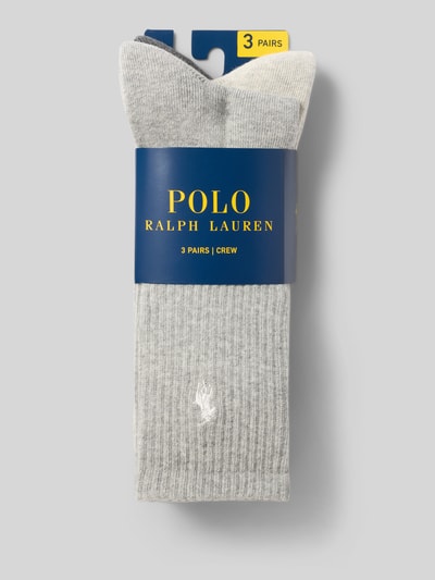Produktfoto, graue Socken aus Baumwoll-Mix im 3er-Pack von Polo Ralph Lauren Underwear, strukturierte Oberfläche, neutrale Farben.