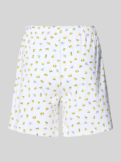 Produktfoto, weiße Regular Fit Pyjama Shorts aus Modal-Mix mit Baumwoll-Anteil von HUGO, Allover-Muster mit gelbem Animal Print, elastischer Bund, leichte Stretch-Textur