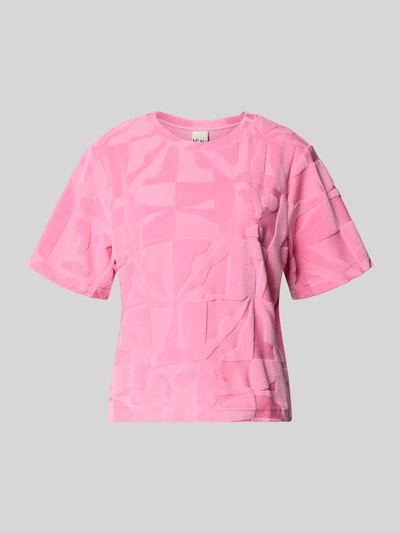 Produktfoto, T-Shirt im Allover-Look Modell 'NABI' von ICHI aus Baumwoll-Mix in Rosa mit geometrischer Struktur, Regular-Fit, Rundhalsausschnitt. Damen T-Shirt, Rückenlänge bei Größe S: 50 cm.
