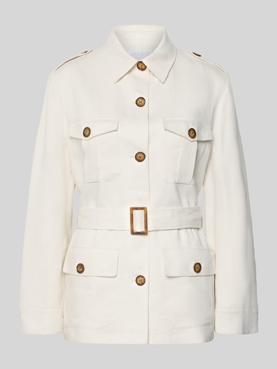 Produktfoto, Regular Fit Blazer aus Leinen-Viskose-Mix von Jake*s Collection in Creme mit Umlegekragen, Knopfleiste und Gürtel, strukturierte Oberfläche