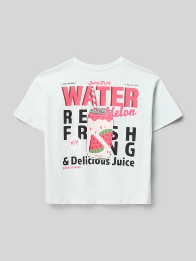 Produktfoto, Regular Fit T-Shirt aus reiner Baumwolle Modell 'CANA' von Only in Weiß mit farbigem Watermelon-Motiv-Print und schwarzem Schriftzug, Jersey-Struktur, kurzarm, Rundhals, unifarben, Kinder T-Shirt