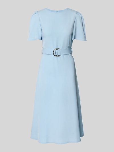 Produktfoto, Cocktailkleid mit Gürtel und Rundhalsausschnitt von Rinascimento in Hellblau, Material-Mix mit Stretch-Anteil, Taillierter Schnitt, Midikleid, Rückseitiger Reißverschluss, Rückenlänge bei Größe S 36 cm, Brustweite 40 cm, Ärmellänge 28 cm