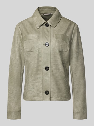 Produktfoto, Regular Fit Jacke in Leder-Optik von Amber & June in hellem Beige, Umlegekragen, Brusttaschen, Knopfleiste, glatte Textur