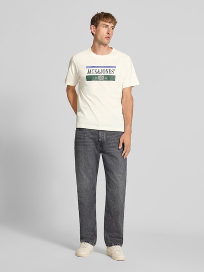 Męski t-shirt z nadrukiem z logo JACK & JONES, bawełna, prosty krój, okrągły dekolt, Model 'FREDERIKSBERG', Długość tyłu w rozmiarze M: 70 cm, Ganzkörperansicht von vorne