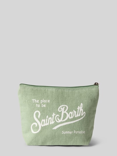 Produktfoto, Kosmetiktasche aus Leinen mit Statement-Print Modell 'ALINE' von MC2 Saint Barth in Hellgrün mit weißem Label-Print, Reißverschluss, feine Leinenstruktur