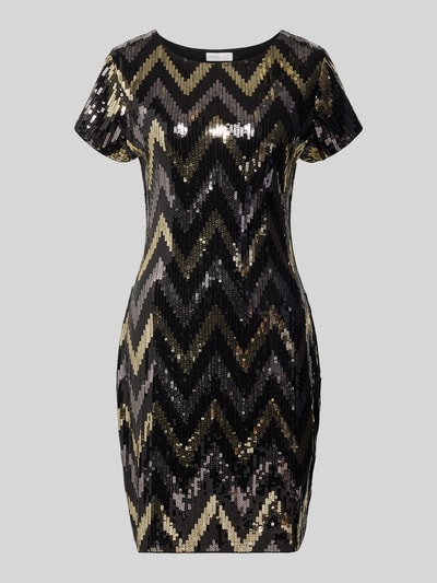 Productfoto, Slim Fit Minikleid met allover-pailletten, ronde hals, korte mouwen, zwart-goud zigzag motief, Slim Fit Minikleid mit Allover-Pailettenbesatz van Apricot, context: dames minikleed, allover-pailletten, slim fit, ronde hals, korte mouwen, ruglengte bij maat S: 84 cm, borstwijdte bij maat S: 45 cm, mouwlengte bij maat S: 15 cm