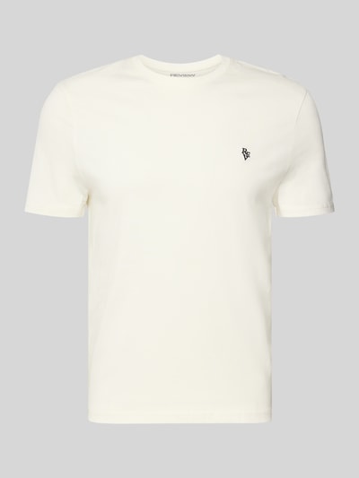 Produktfoto, Basic Slim Fit T-Shirt mit Flock-Logo auf der Brust von REVIEW, cremefarben, glatte Baumwoll-Viskose-Textur, Rundhalsausschnitt