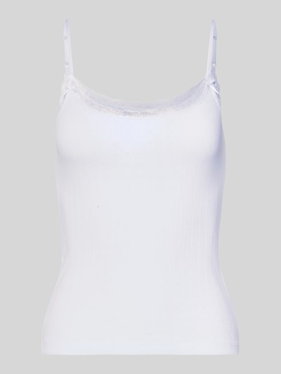 Produktfoto, Slim Fit Top mit Spitzenbesatz von REVIEW aus reiner Baumwolle, Weiß, feine Struktur, schmale Spaghettiträger, Zierschleifen.