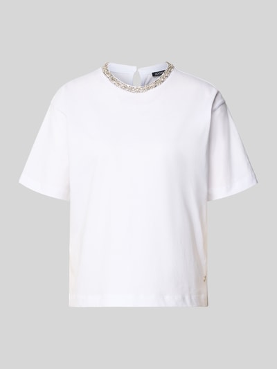 Produktfoto, białe T-Shirt z bawełny JOOP! model Thei z luźnym krojem i detalem z logo, okrągły ściągacz przy szyi, bez nadruku.