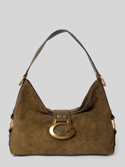 Produktfoto, torba na ramię GUESS Shoulder Bag mit Logo-Detail Model 'CAMDEN', z główną przegrodą z klapką, pasek na ramię, szerokość w rozmiarze 1: 36 cm, długość w rozmiarze 1: 38 cm, głębokość w rozmiarze 1: 10 cm, długość paska na ramię w rozmiarze 1: 46 cm, brązowa, aksamitna faktura, zaokrąglone kształty