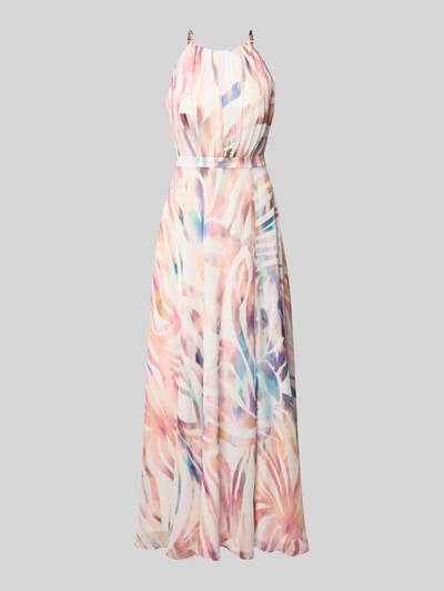 Produktfoto, Abendkleid mit rückseitigem Schlüsselloch-Ausschnitt von Swing, pastellfarbene florale Muster, Taillierter Schnitt, fließender Stoff