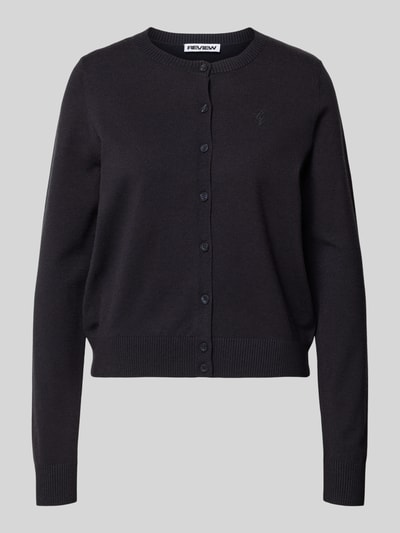 Productfoto, Strick-Cardigan aus Viskose-Mix mit langen Ärmeln van Review in zwart, regular fit, knoopsluiting, geborduurd logo, ribboorden op mouwen en zoom, ruglengte 53 cm, mouwlengte 63 cm